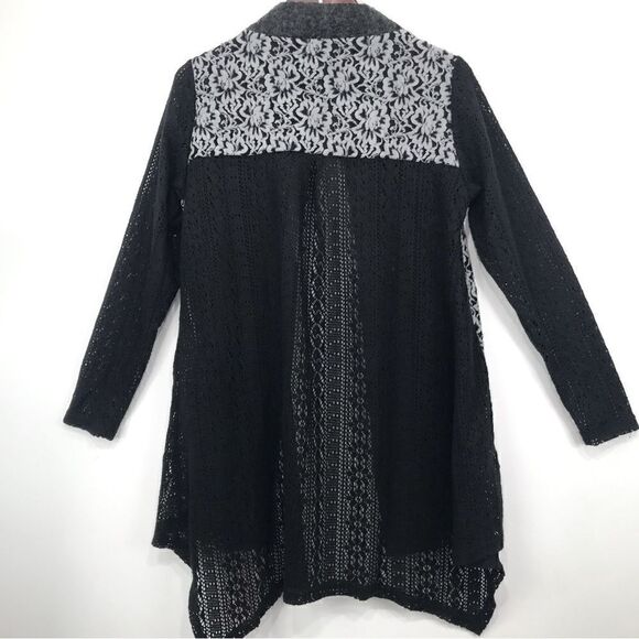 A’reve Gray Black Felted Wool Floral Lace Panel Long Sleeve Tunic Cardigan - Picture 7 of 16